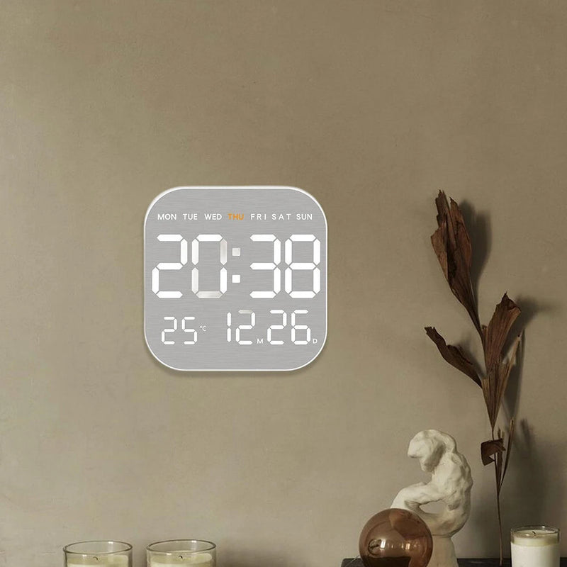 Metal Brushed Texture Digital Wall Clock Alarm Set Large Display Screen LED Alarm Clock Home Office Bedroom with Remote Control