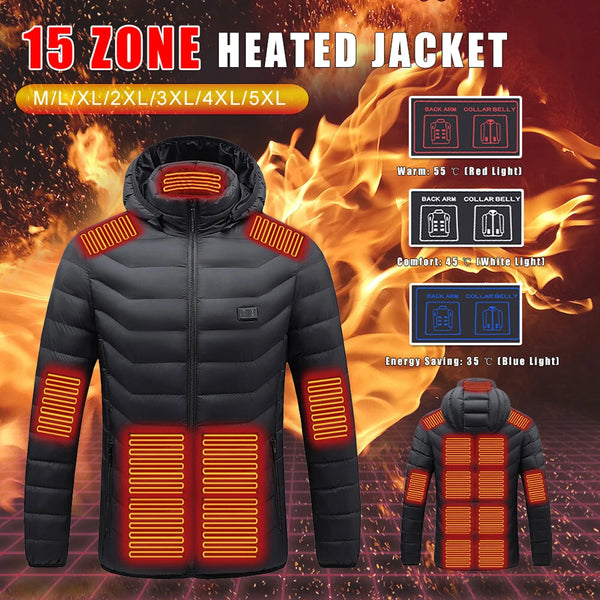 TENGOO HJ-15 Uniex Heated Jacket - 15 Heating Zones, USB Charging, Smart Thermal Warm Jacket, Motorcycle Heated Hooded Coat Outdoor Sportswear