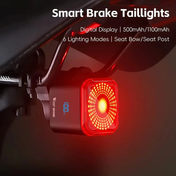 WEST BIKING Smart Brake Sensing Bicycle Taillight LED Digital Power Display Auto-stop Type-C 1100mAh Long Endurance Portable Bike Back Light for MTB Bike Road Bike Scooter