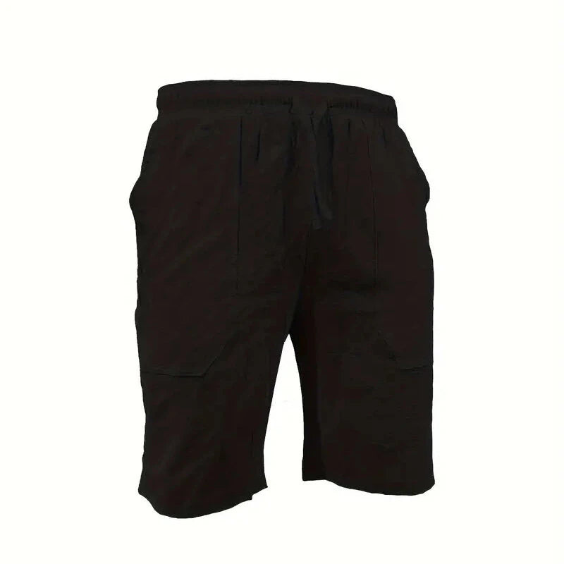 Men's Summer Cotton Linen Shorts Breathable Solid Black Drawstring Plus Size Beach Shorts Lightweight Casual Short Pants for Men Comfortable