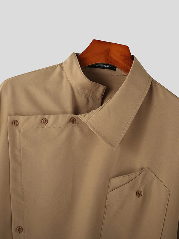 INCERUN Men Shirts Fashion Solid Color Lapel Shirt Top Daily Long Sleeve Shirt Mens Clothing with Pocket Casual Men's Suits