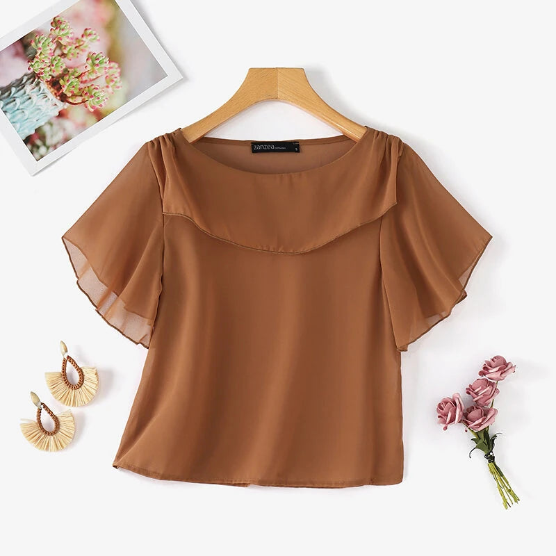 ZANZEA Women's Blouse Elegant Ruffle Sleeve Solid Crew Neck Plain Summer Shirt Pullover Top