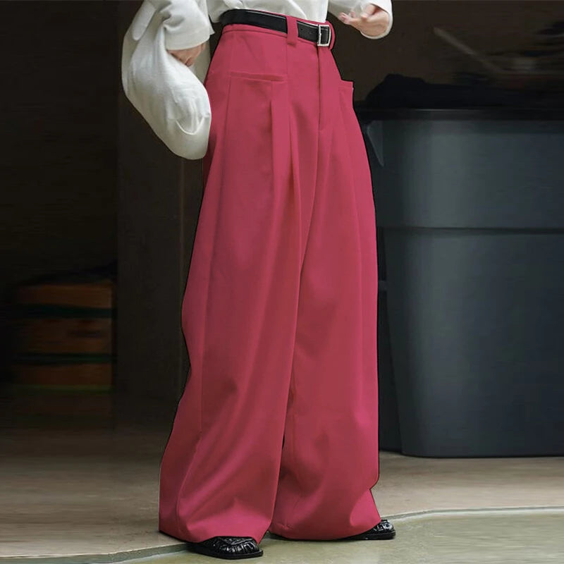 INCERUN Mens Solid Pleated Design Casual Straight Pants Casual Comfortable Wide Legged Long Pant with Pockets