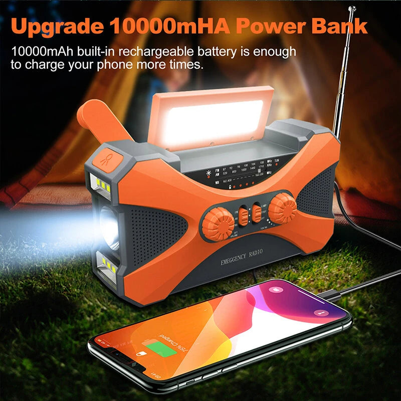 10000mAh Emergency Flashlight Torch Power Bank Solar Radio with Flashlight Aste Solar Hand Crank USB AM FM NOAA Weather Radios Home Outdoor Emergency Equipment