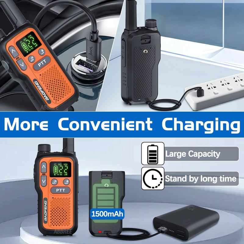 2Pcs Baofeng BF-T18 Mini Walkie Talkie PMR446 License Free 16 Channels 2W Power Long Range Type C Rechargeable NOAA Weather Alerts Hands Free Two Way Radio