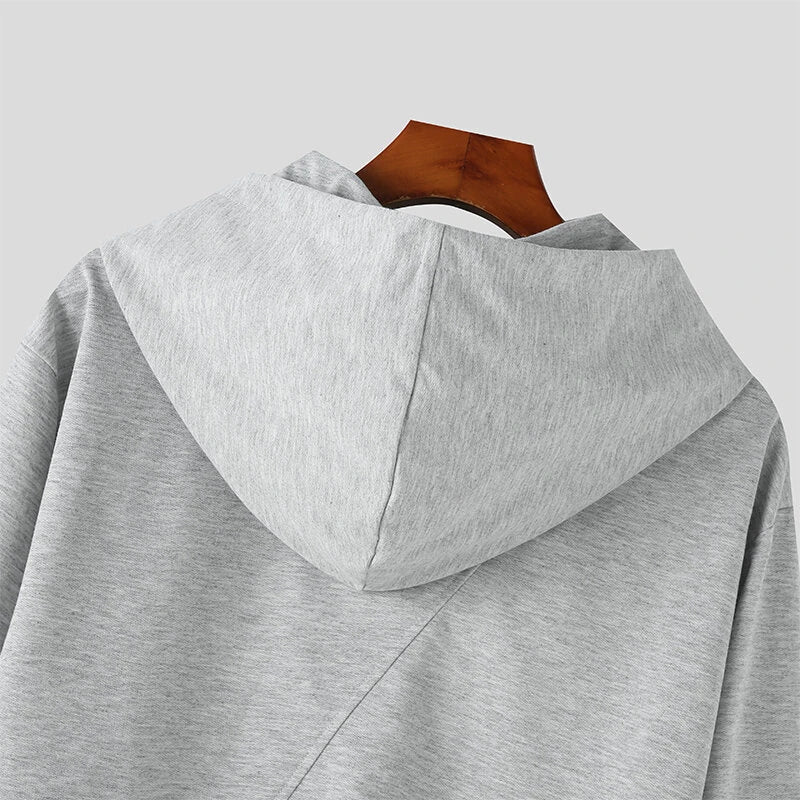 INCERUN Men Hooded Sweatshirts Trendy Asymmetric Zip Long Sleeve Hoodie with Irregular Hem for Fashion-forward Males Clothing