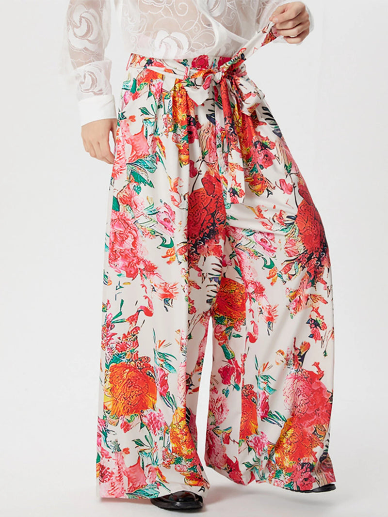 INCERUN Mens Pant High Rise Lace Up Long Trousers Fashion Flowers Print Wide Leg Pants Leisure Men Bottoms