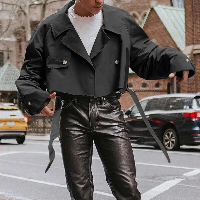 INCERUN Men Jackets Lapel Long Sleeve Solid Color Streetwear Male Short Coats Loose Casual Jackets With Belt S-5XL