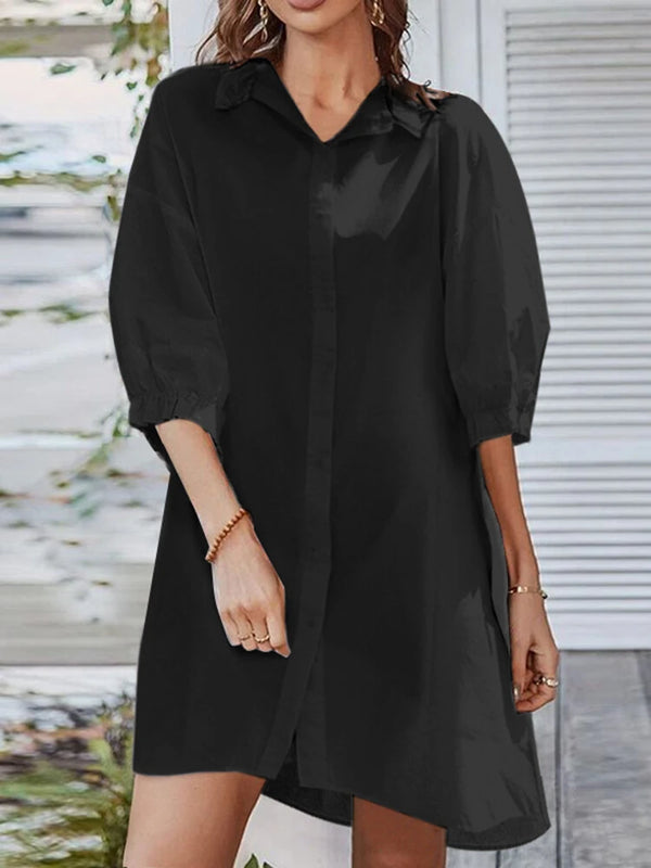 ZANZEA Women Daily Casual 3/4 Length Sleeve Solid Color Shirt Dresses