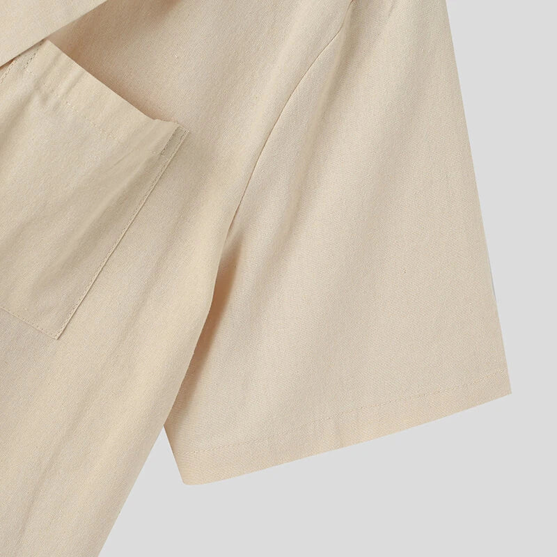 INCERUN Men's Shirt Solid Color Lapel Shirt Casual Lace Up Short Sleeve Top Summer Daily Male Clothing