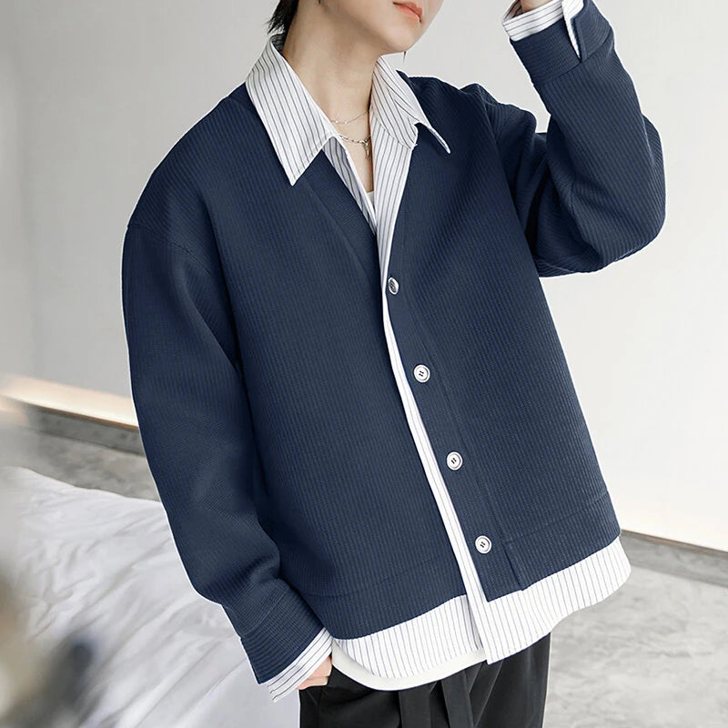 INCERUN Mens Textured Patchwork Striped Long Sleeve Shirt Fashion Lapel Men Top Comfortable