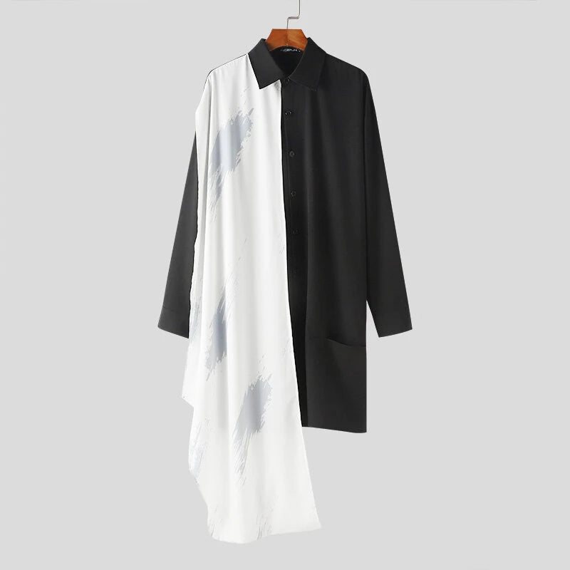 INCERUN Mens Patchwork Mid-Length Loose Long Sleeve Shirt Casual Fashion Design Lapel Top for Men Plus Size, Spring Fall