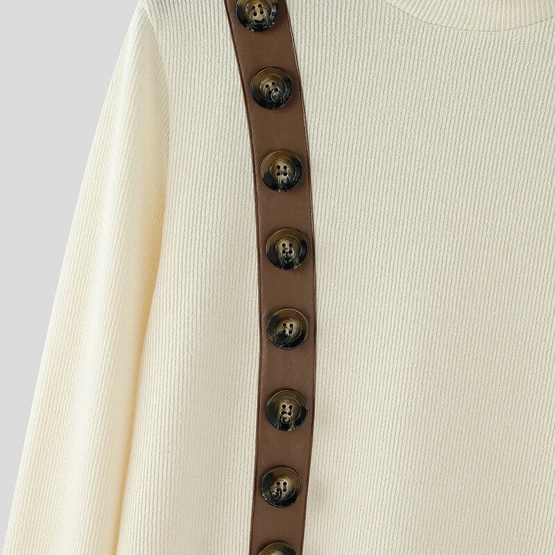 INCERUN Mens Button Patchwork Decorative Textured Long Sleeve Sweater Fashion Slim Fit High-collar Sweater for Male S 5XL