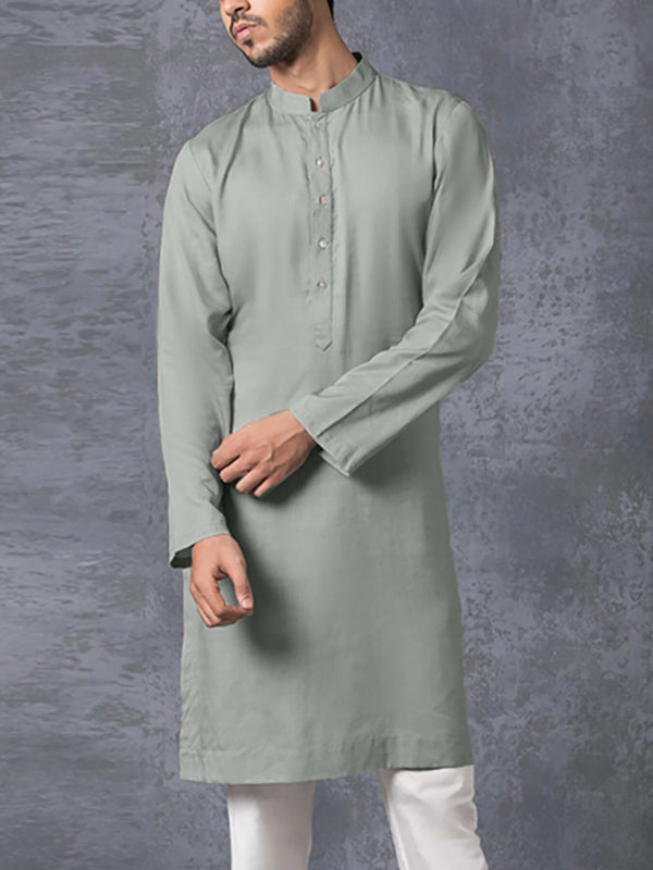 INCERUN Men Robes Long Sleeve Solid Color Long Tops Stand Collar Button Long Shirt with Side Pocket Casual Daily Male Robes