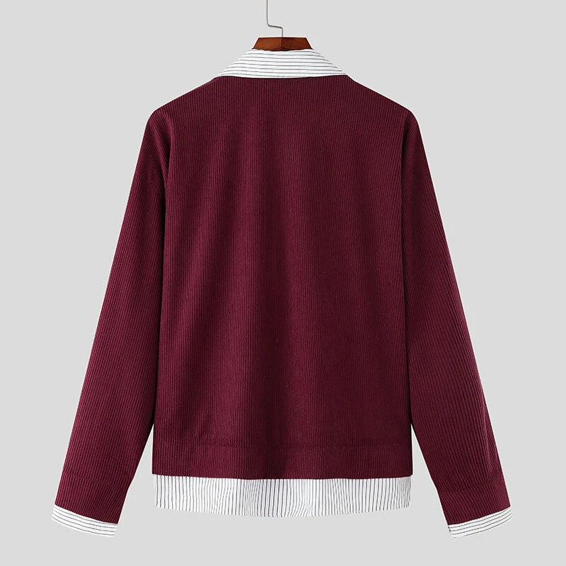 INCERUN Mens Textured Patchwork Striped Long Sleeve Shirt Fashion Lapel Men Top Comfortable