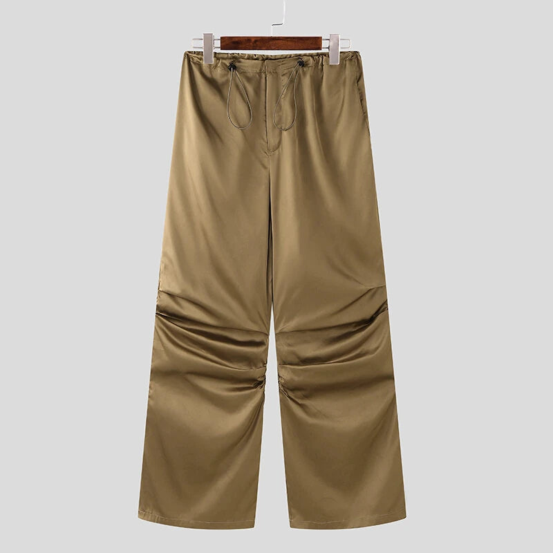 INCERUN Mens Satin Ruched Design Casual Pant Fashion Solid Color Loose Fit Straight Trousers