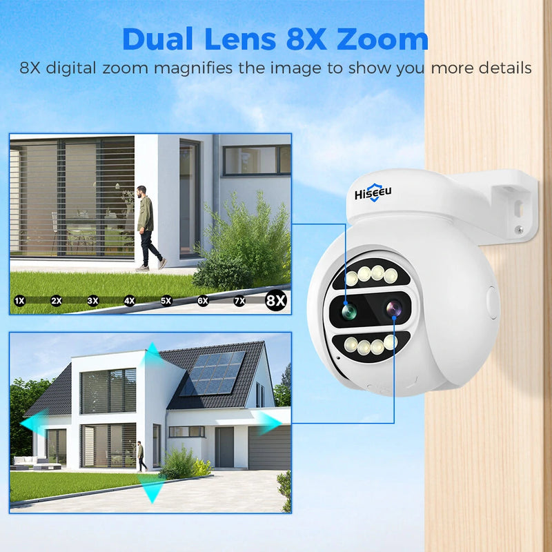 Hiseeu 4MP+4MP Dual Lens PTZ POE IP Camera 8X Zoom Full Color Night Vision 2-Way Audio H.265+ IP65 Waterproof CCTV Security Video Surveillance Camera