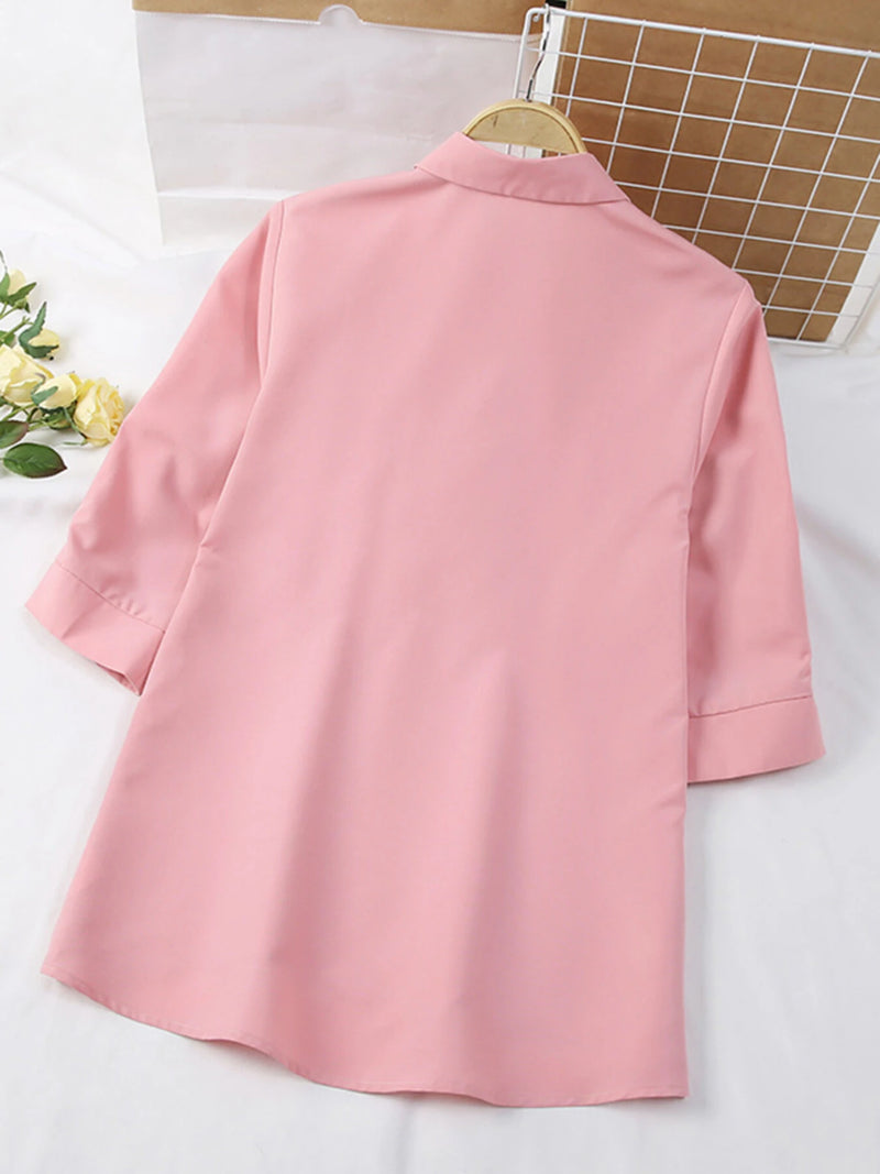 ZANZEA Womens Lapel Blouses 3/4 Length Sleeve Solid Color Shirts with Chest Pocket