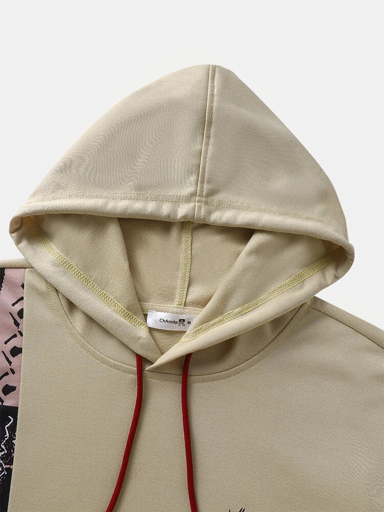 ChArmkpR Mens Ethnic Smile Print Color Block Patchwork Kangaroo Pocket Hoodies