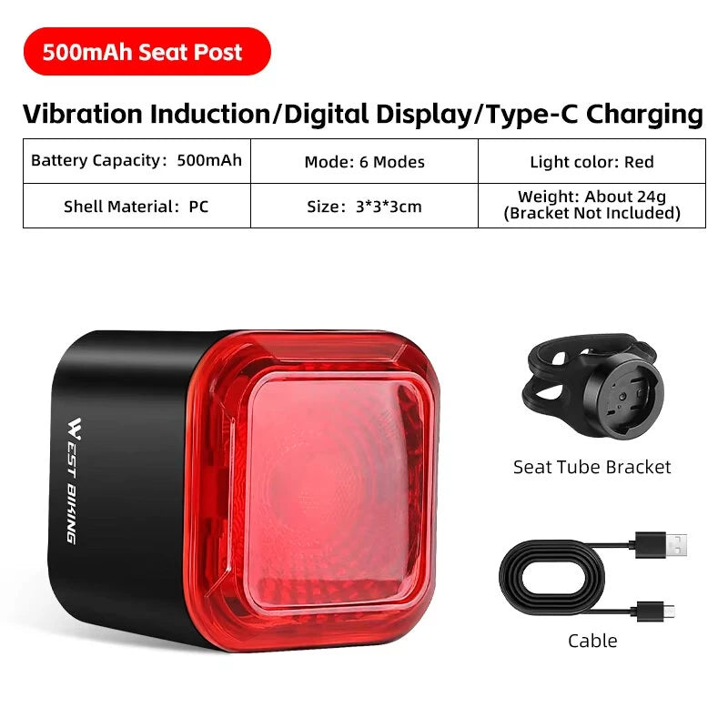 WEST BIKING Smart Brake Sensing Bicycle Taillight LED Digital Power Display Auto-stop Type-C 1100mAh Long Endurance Portable Bike Back Light for MTB Bike Road Bike Scooter