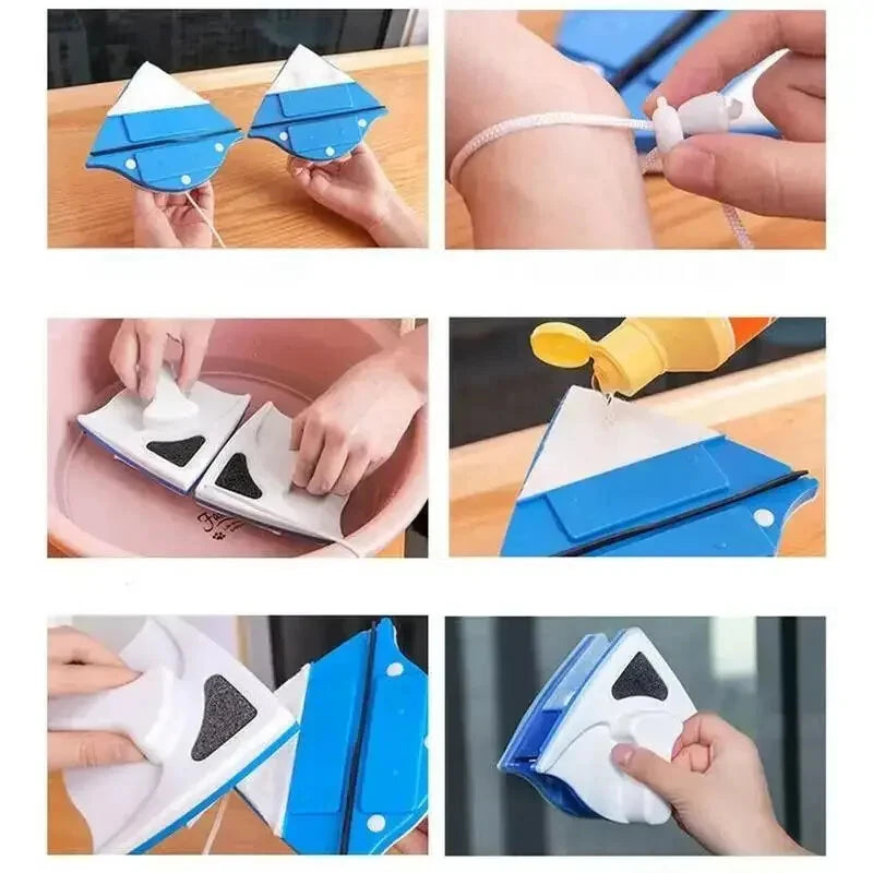 Magnetic Window Cleaner Brush Double-Sided Glass Cleaning Tool Strong Magnet Safety Rope Red Blue ABS PP 3-8mm Glass Thickness High-Rise Home Windows Car Mirrors