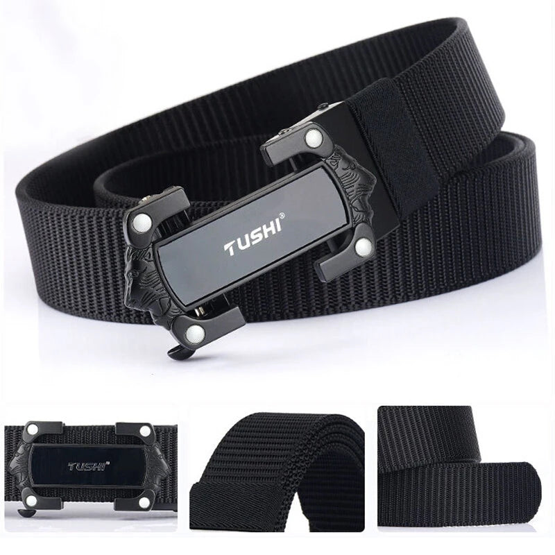 TUSHI Strong Metal Automatic Buckle Black Belt Wear-resistant Tough 125cm Nylon Belts For Men Breathable Canvas Designer Belt Training