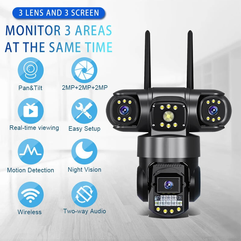 Three-lens 6MP WiFi PTZ Camera Intelligent Wireless Night Vision Motion Recognition Two-way Audio Real-time Monitoring Cameras for Outdoors Security Surveillance