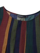 Women Vintage Striped Artsy O-Neck Short Sleeve Green Mid-Calf Length Dress