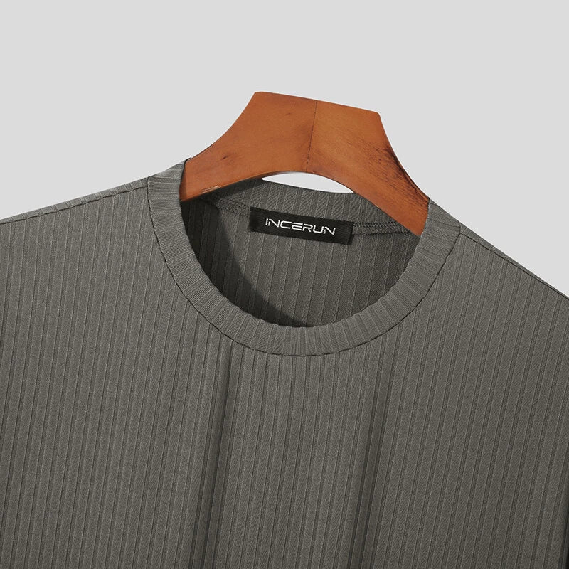 INCERUN Mens Solid Color Rib Knitted Crew Neck T-Shirt Comfortable Breathable Short Sleeve Tshirt for Summer