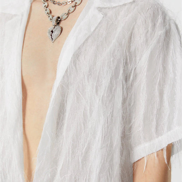 INCERUN Mens Shirts Fringed Chiffon White Shirt V-neck Lapel Short Sleeve Shirt Solid Color Men Clothing