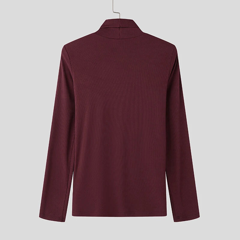 INCERUN Mens Solid Color Textured Pullover Long Sleeve Sweater Fashion Slim Fit High-collar Sweater for Male S 5XL