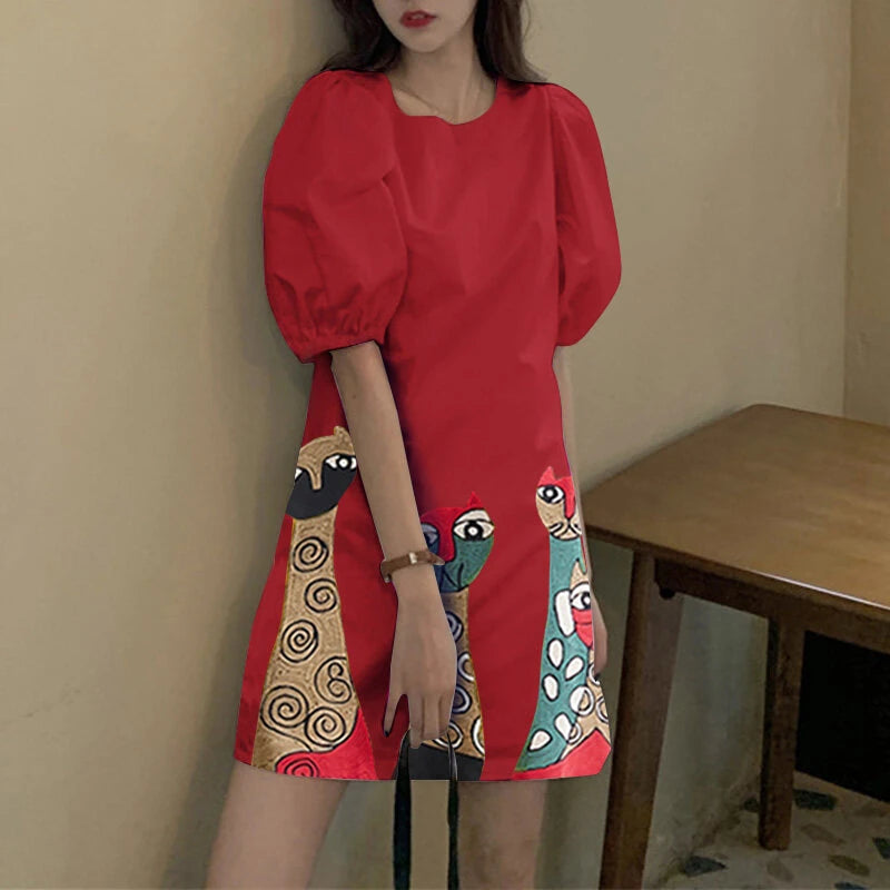 VONDA Women Bubble Short Sleeve Midi Dress Animal Print Cute Crew Neck Beach Dress Plus Size