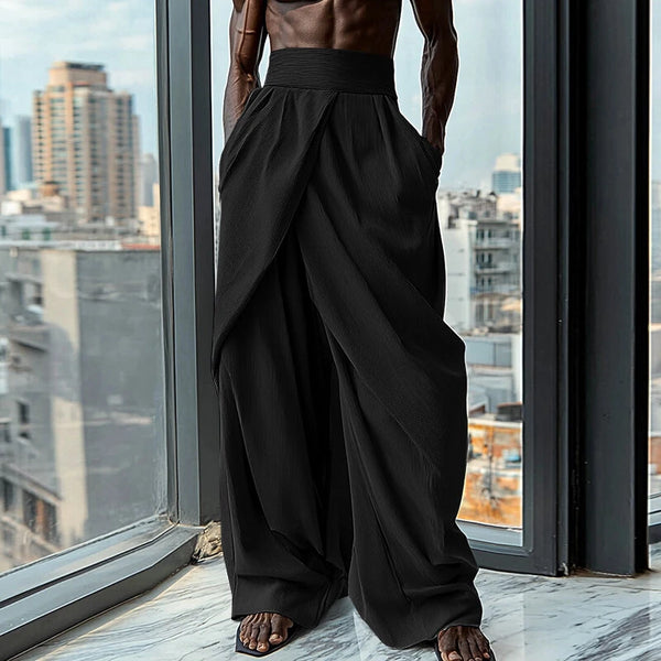 INCERUN Mens Ruched Crossover Design Pant Fashion Solid Color High Waist Casual Long Trousers for Male