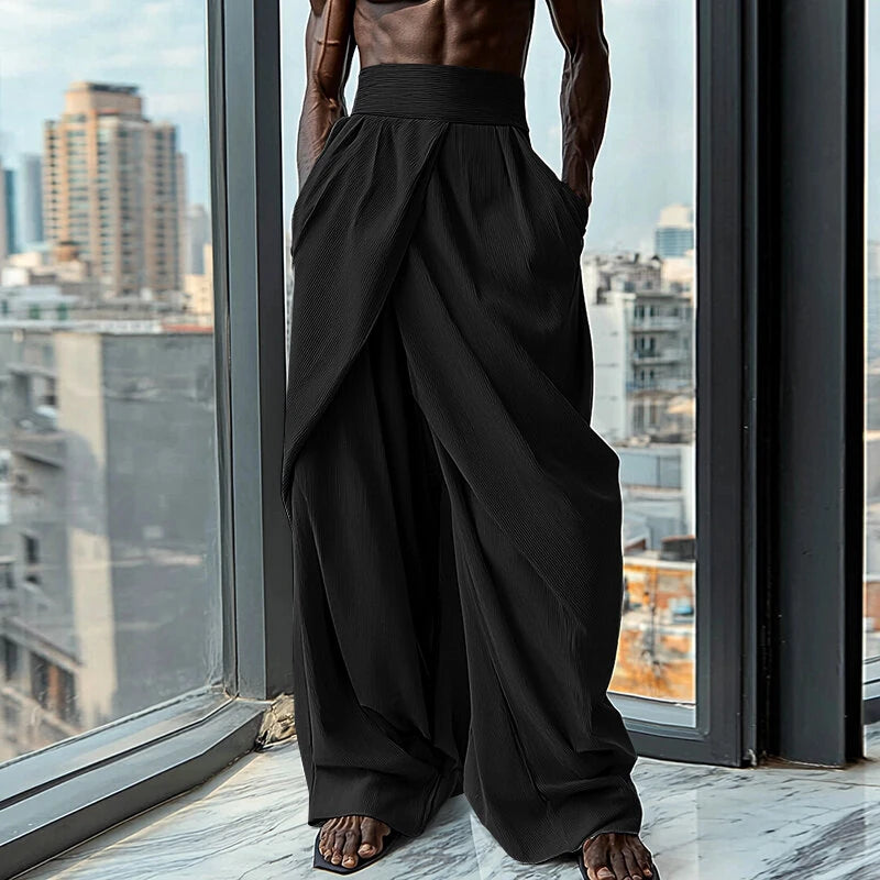 INCERUN Mens Ruched Crossover Design Pant Fashion Solid Color High Waist Casual Long Trousers for Male
