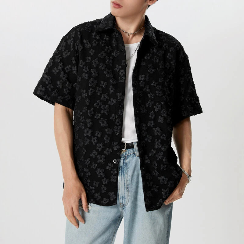 INCERUN Mens Shirt Fashion Embossed Floral Print Tops Black Short Sleeve Shirt