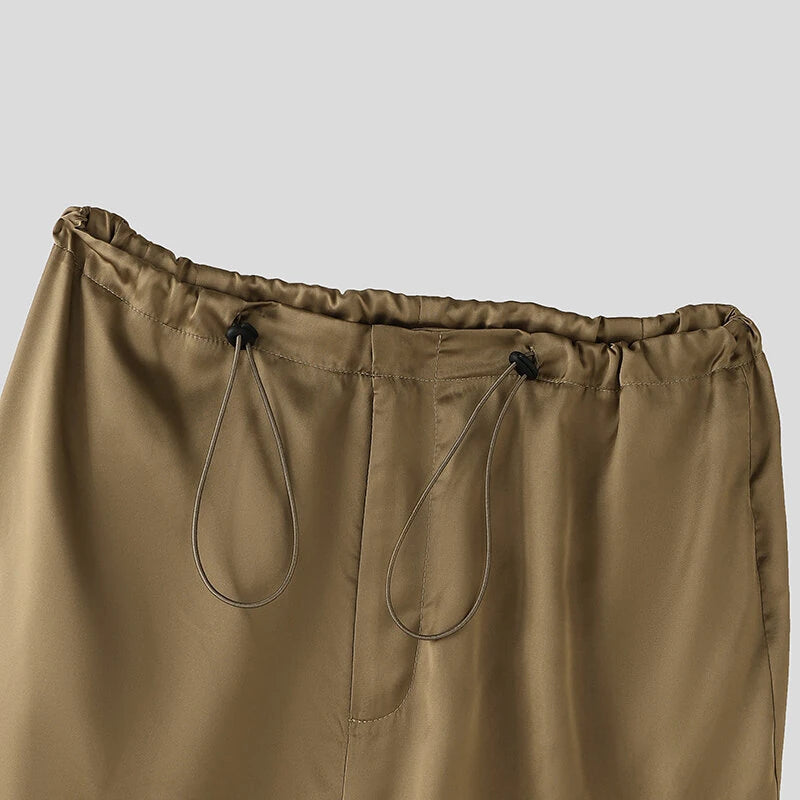 INCERUN Mens Satin Ruched Design Casual Pant Fashion Solid Color Loose Fit Straight Trousers