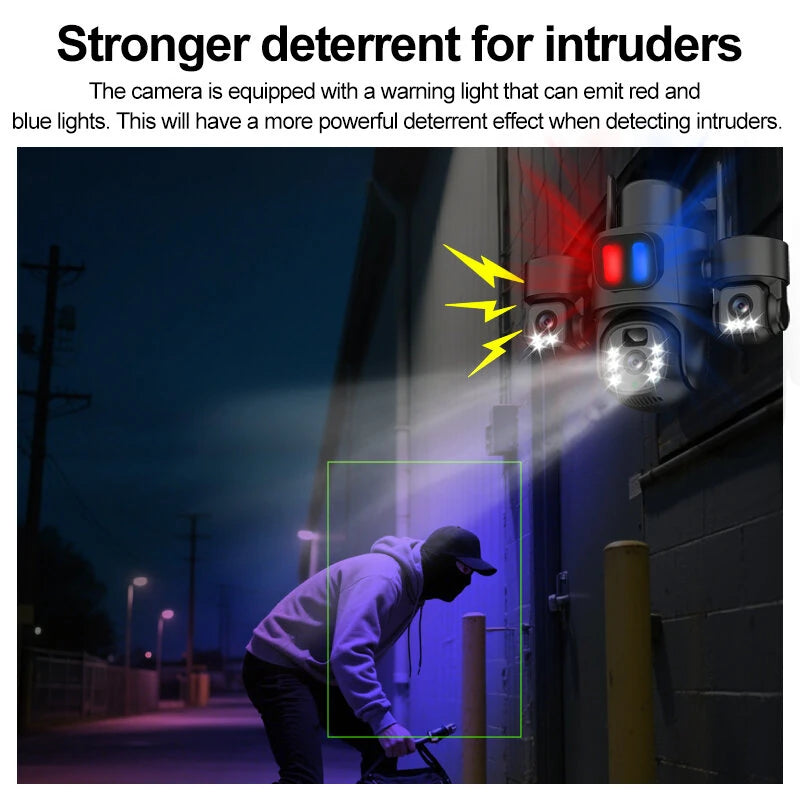 Three Lens 6MP HD Solar Powered Security Camera 5X Zoom PTZ Color Night Vision Red Blue Alarm Wireless WiFi Outdoor AI Human Detection Weatherproof Camera