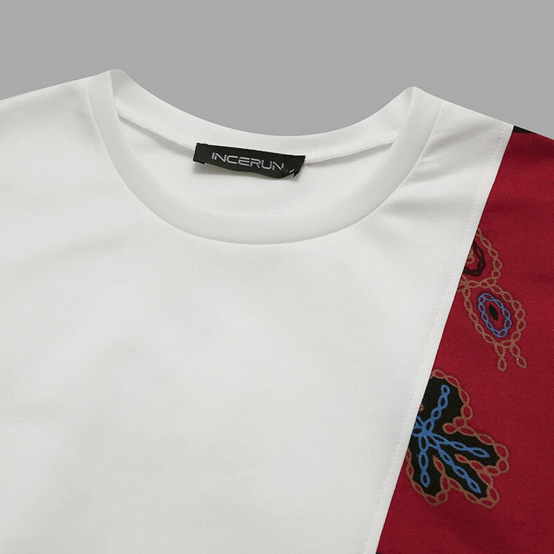 INCERUN Mens T Shirts Loose Fit Casual T-shirts for Men Print Patchwork Fashion Male Tee Tops Summer Short Sleeve Men Clothing