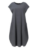 ZANZEA Plus Size Women Mid Long Dress Solid Pocket Short Sleeve Round Neck Cotton Casual Beach Midi Dress
