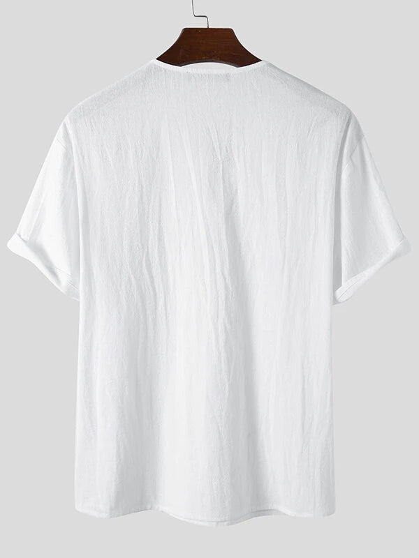 Mens Solid Drawstring V-Neck Cotton Short Sleeve T-Shirt