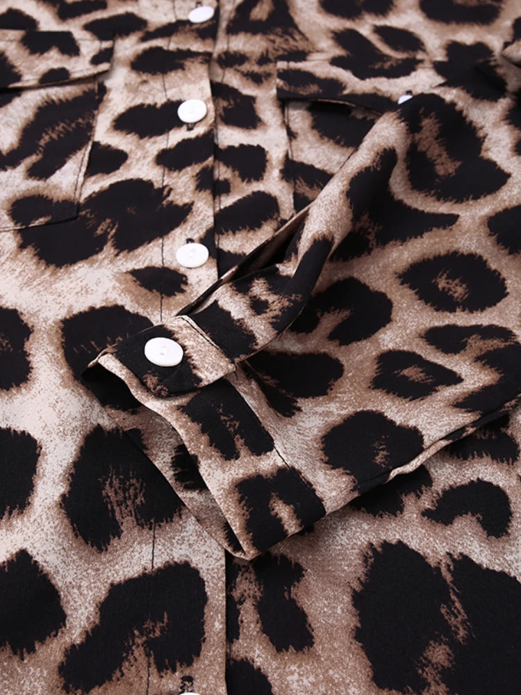 ZANZEA Leopard Print Button Up Shirt Dress for Women, Elegant Long Sleeve Dress For Spring & Fall, Women Lapel Button Long Shirt Dress Loose Vintage Maxi Dress