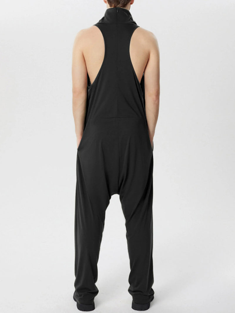 INCERUN Men's Solid Color Jumpsuits Stacked Collar Sleeveless Back Zipper Overalls