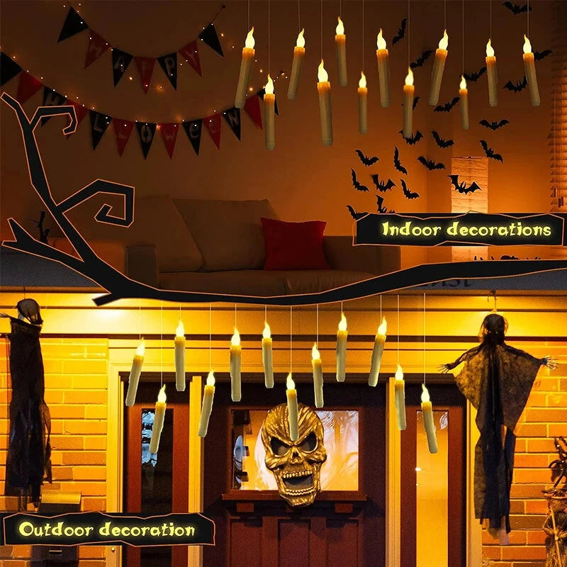 12 Pack Halloween Floating Candles With Wand Remote Control Led Flame Loose Flickering Candle Home Hanging Candles Light