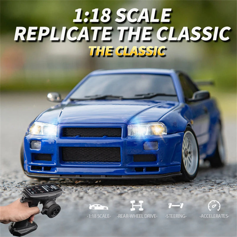 LDRC 1899/A99 RTR 1/18 2.4G RWD RC Car Drift GTR R34 Optional Gyro LED Light On-Road Full Proportional Alloy Body Shell Racing Vehicles Models Toys