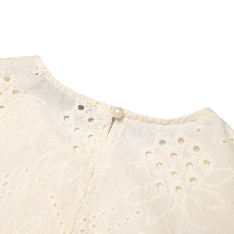 ZANZEA Elegant Style Womens Vintage Casual Cotton Crop Shirts Top Vacation Crew Neck Hollow Embroidery Blouses