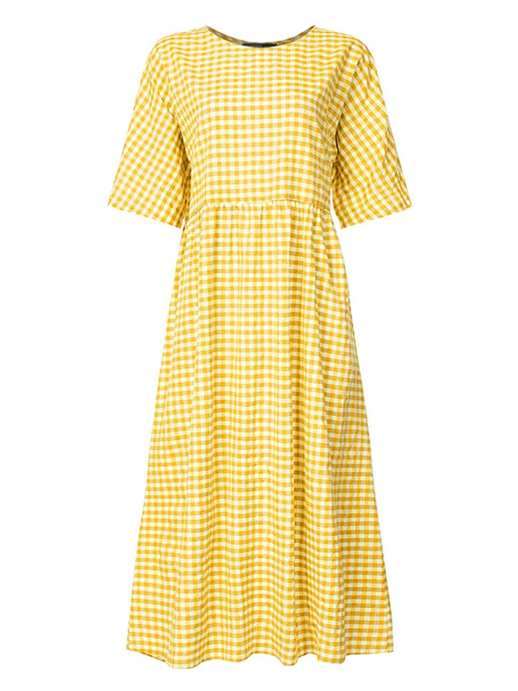 ZANZEA Plus Size Women Long Dress Casual Loose Plaid Print O-Neck Half Sleeve Beach Maxi Dress