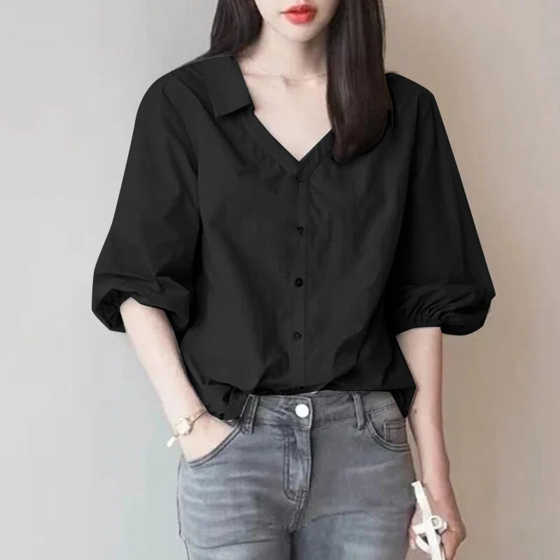 ZANZEA Women's Blouse Commute New Fashion Lantern Sleeve V-Neck Lapel Solid Office Top Shirt
