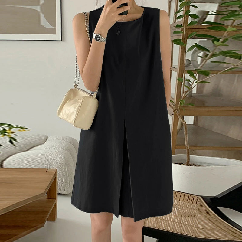 ZANZEA Women Crew Neck Sundress Knee Dresses Oversized Sleeveless Casual Solid Loose Midi Dresses