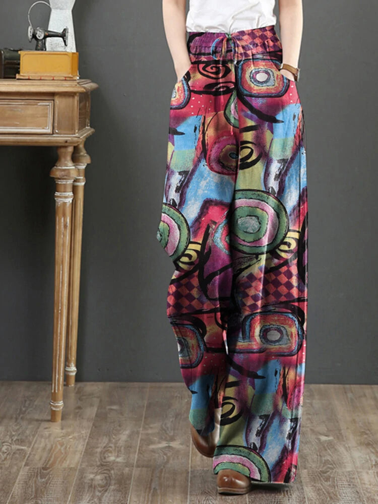 ZANZEA Women Plus Size  Flared Wide-Leg Floral Printed Retro Side Pockets Pants