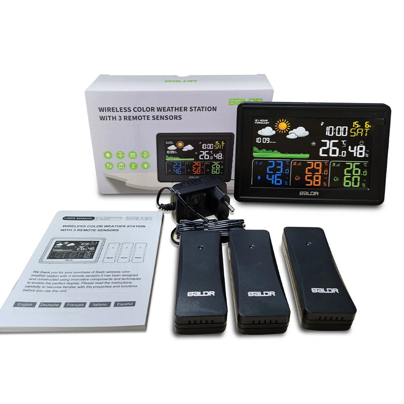 BALDR Weather Station Alarm Clock Wireless Indoor Outdoor Thermometer with Atomic Clock Forecast Station 3 Outdoor Sensors